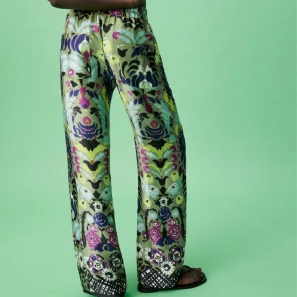NEW Zara Satin Effect Floral Wide-Leg Pyjama Style Pants in Green, Size S - Picture 7 of 16